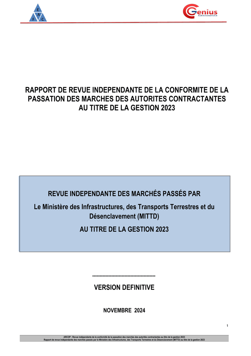 Rapport d’audit de conformité 2023 sur les marchés publics du Ministère des Infrastructures, des Transports terrestres et du Désenclavement – ARCOP