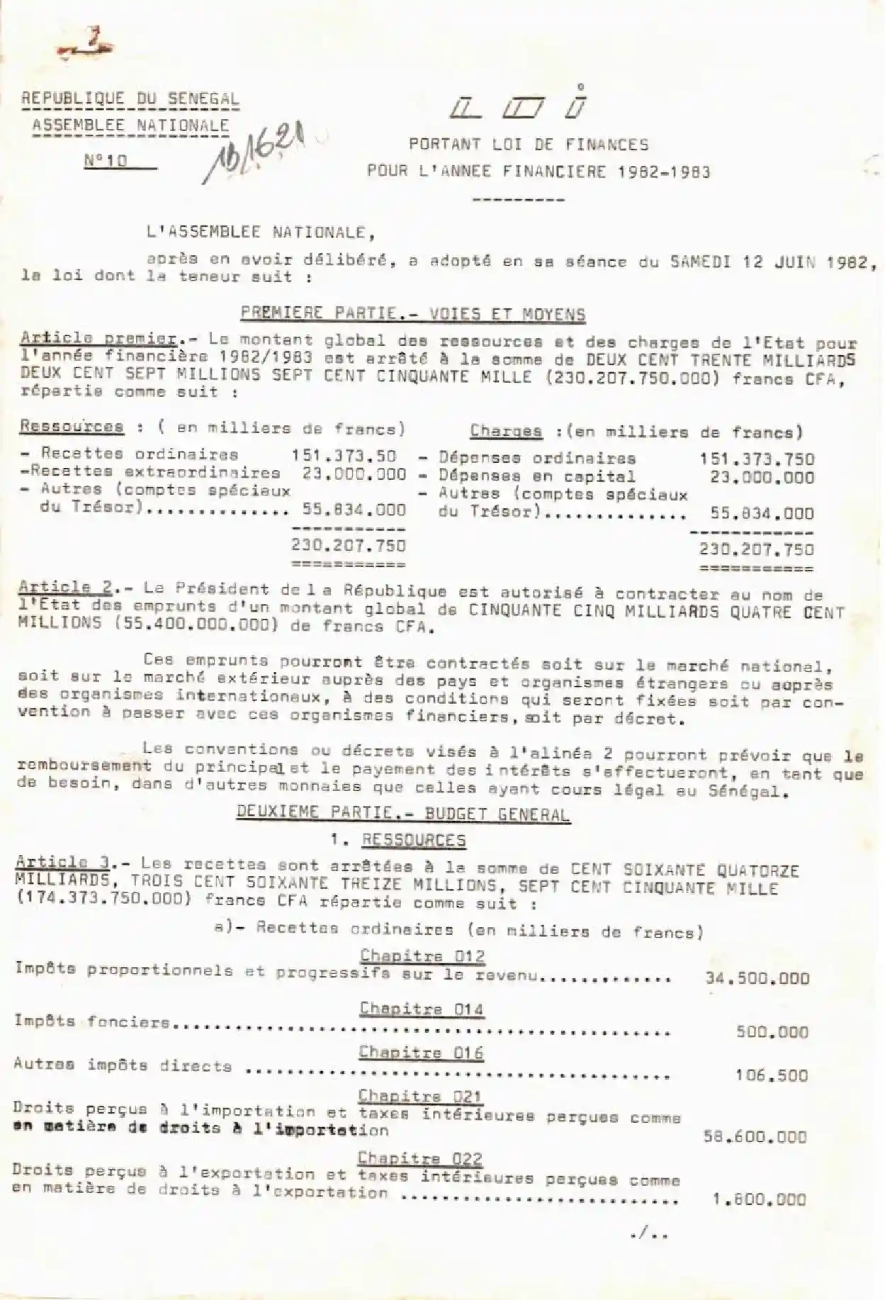 Loi portant loi de finances pour l'année financière 1982-1983