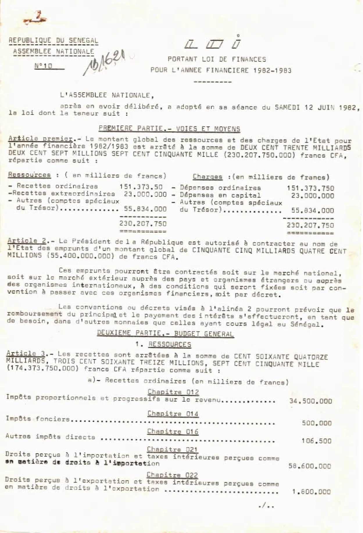 Loi portant loi de finances pour l'année financière 1982-1983