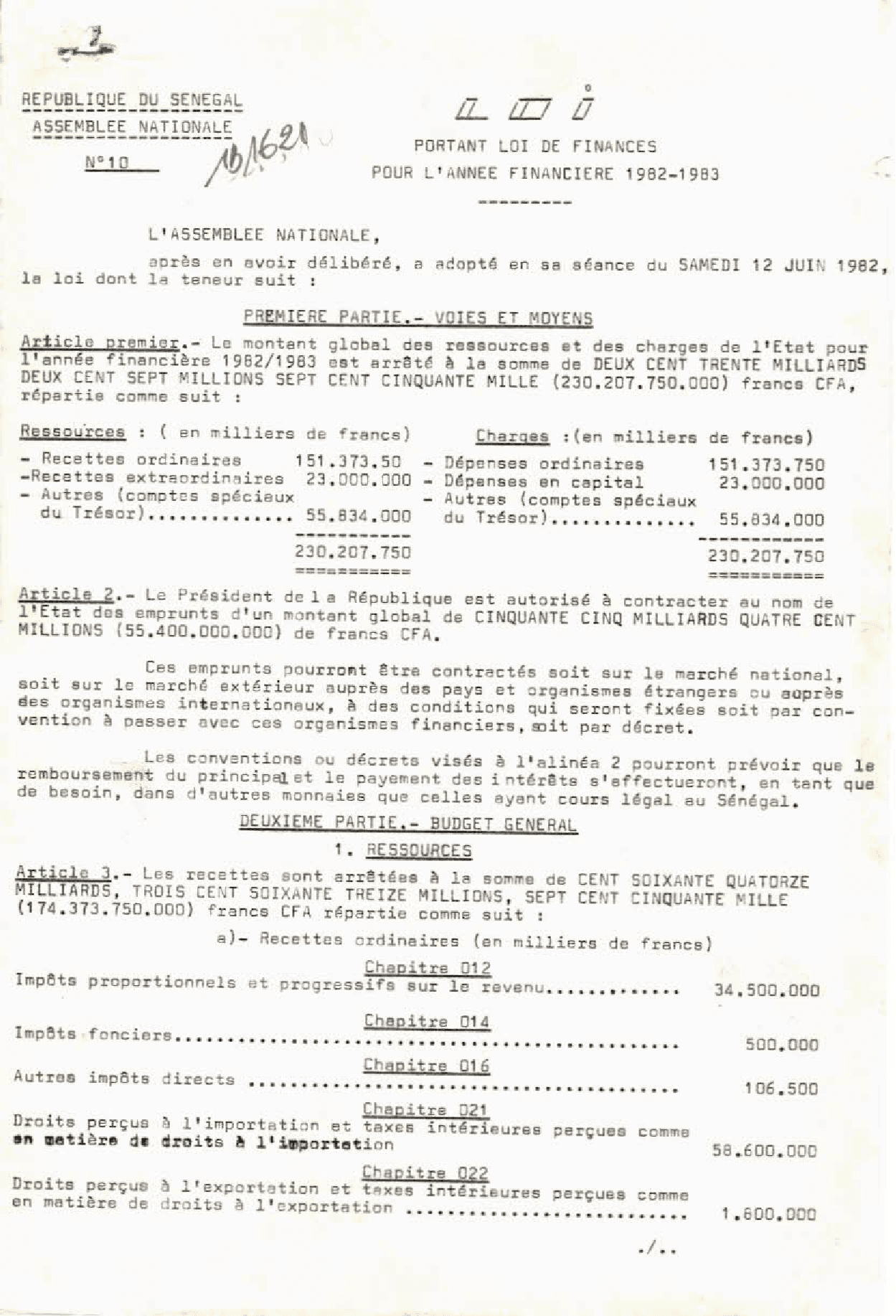 Loi portant loi de finances pour l'année financière 1982-1983