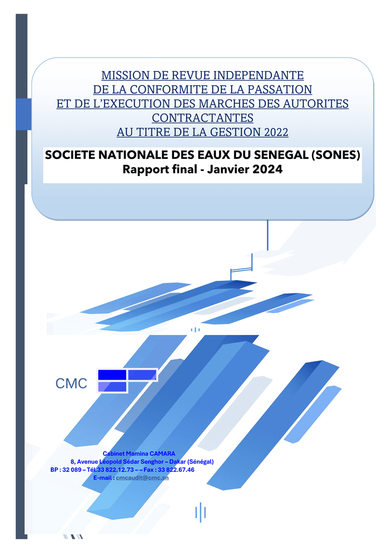 Rapport d’audit sur la conformité de la passation et de l’exécution des marchés au titre de la gestion 2022 – Société nationale des eaux du Sénégal (SONES) – ARCOP