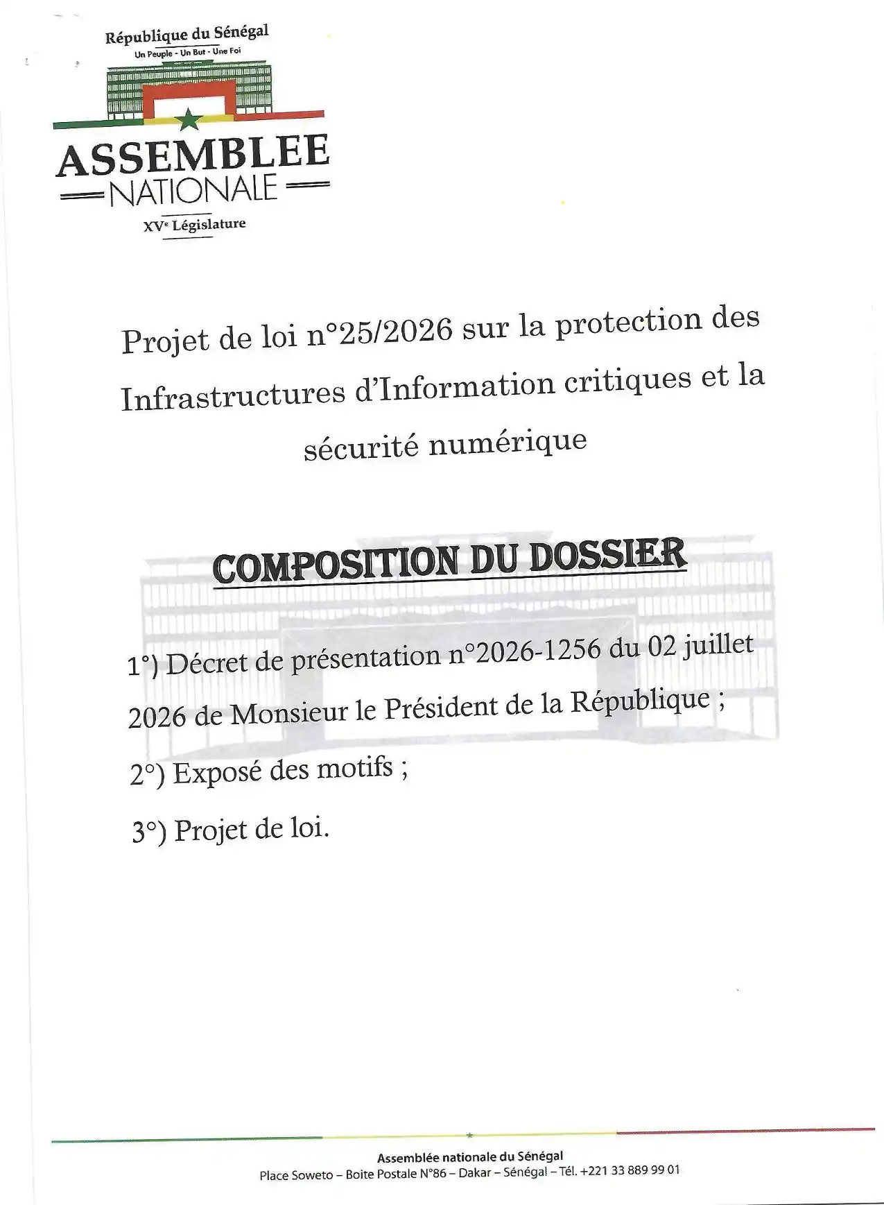 Projet de loi n°25/2026 – Assemblée nationale du Sénégal : Protection des Infrastructures d'Information critiques et sécurité numérique
