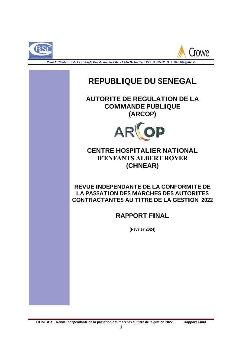 Rapport final d’audit de conformité de la commande publique pour la gestion 2022 du Centre Hospitalier National d’Enfants Albert Royer – ARCOP