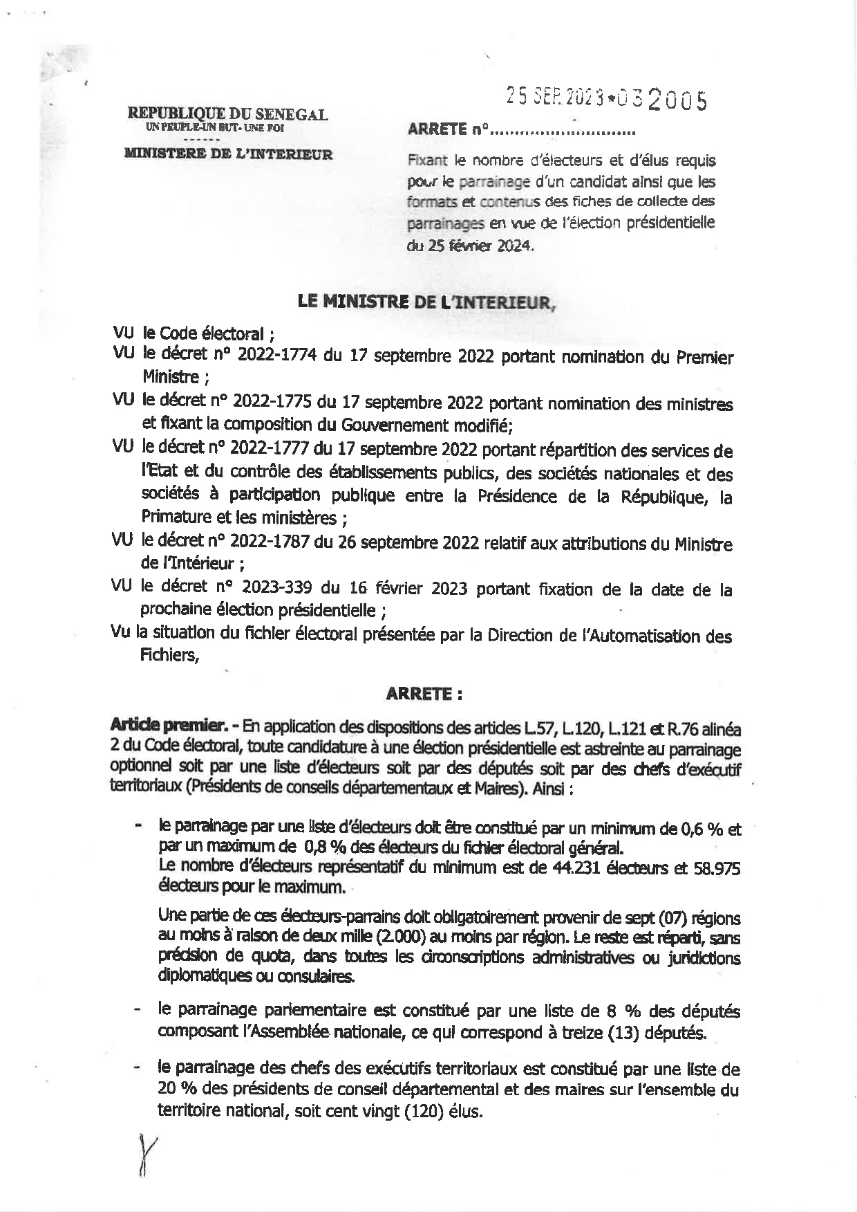 Arrêté fixant le nombre d’électeurs et d’élus requis pour le parrainage d’un candidat à l’élection présidentielle du 25 février 2024 et les modalités de collecte – Ministère de l’Intérieur