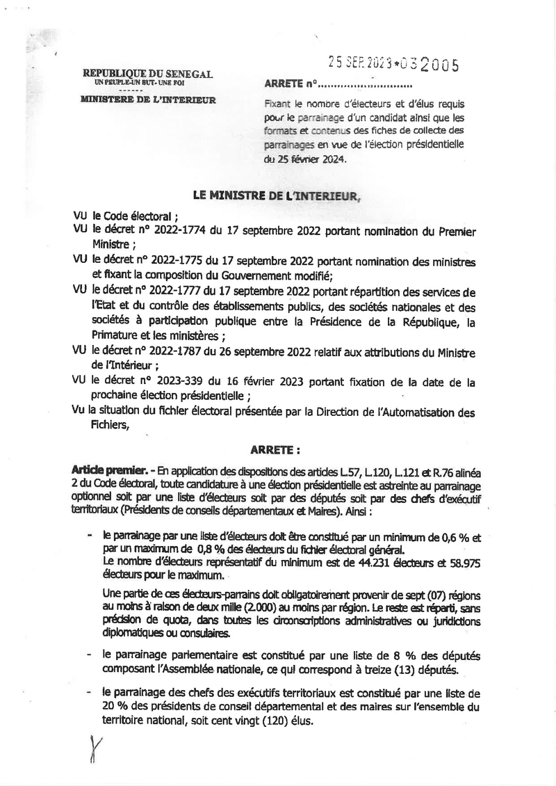 Arrêté fixant le nombre d’électeurs et d’élus requis pour le parrainage d’un candidat à l’élection présidentielle du 25 février 2024 et les modalités de collecte – Ministère de l’Intérieur