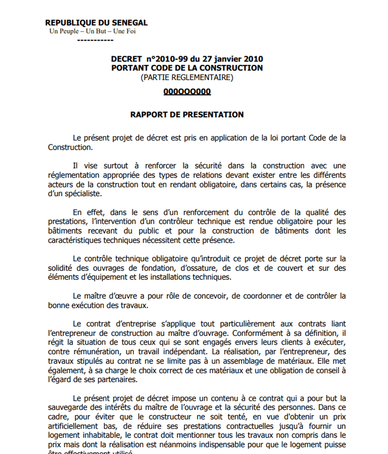 Code de la Construction - Décret n°2010-99 du 27 janvier 2010 (partie réglementaire)