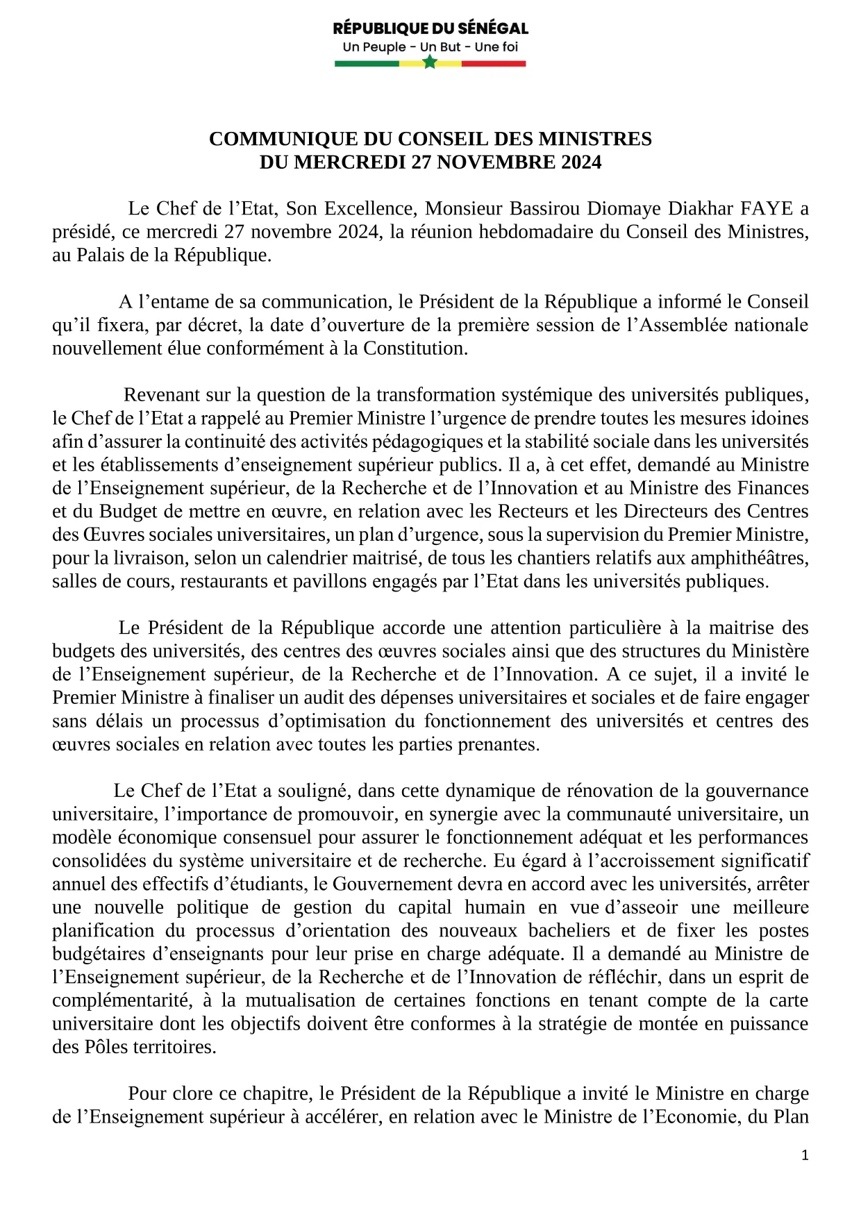 Conseil des ministres du 27 novembre 2024