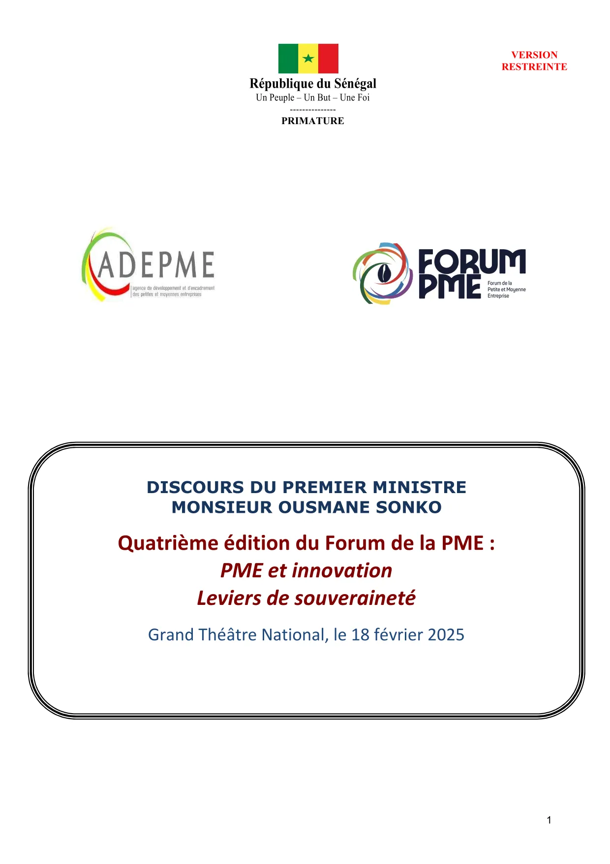 Discours du Premier ministre au Forum de la PME