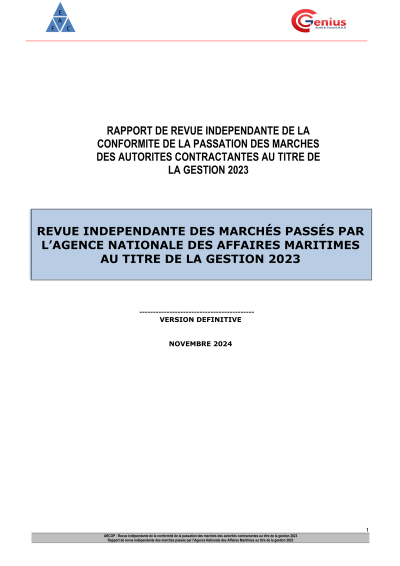 Rapport d’audit de conformité des marchés publics de l’Agence nationale des affaires maritimes (ANAM) au titre de la gestion 2023 – ARCOP