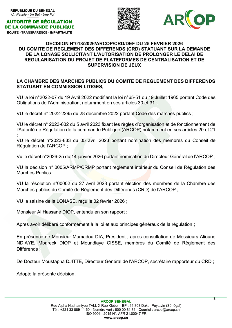 Décision n°018/2026/ARCOP/CRD/DEF sur la prolongation du délai de régularisation du projet de platef