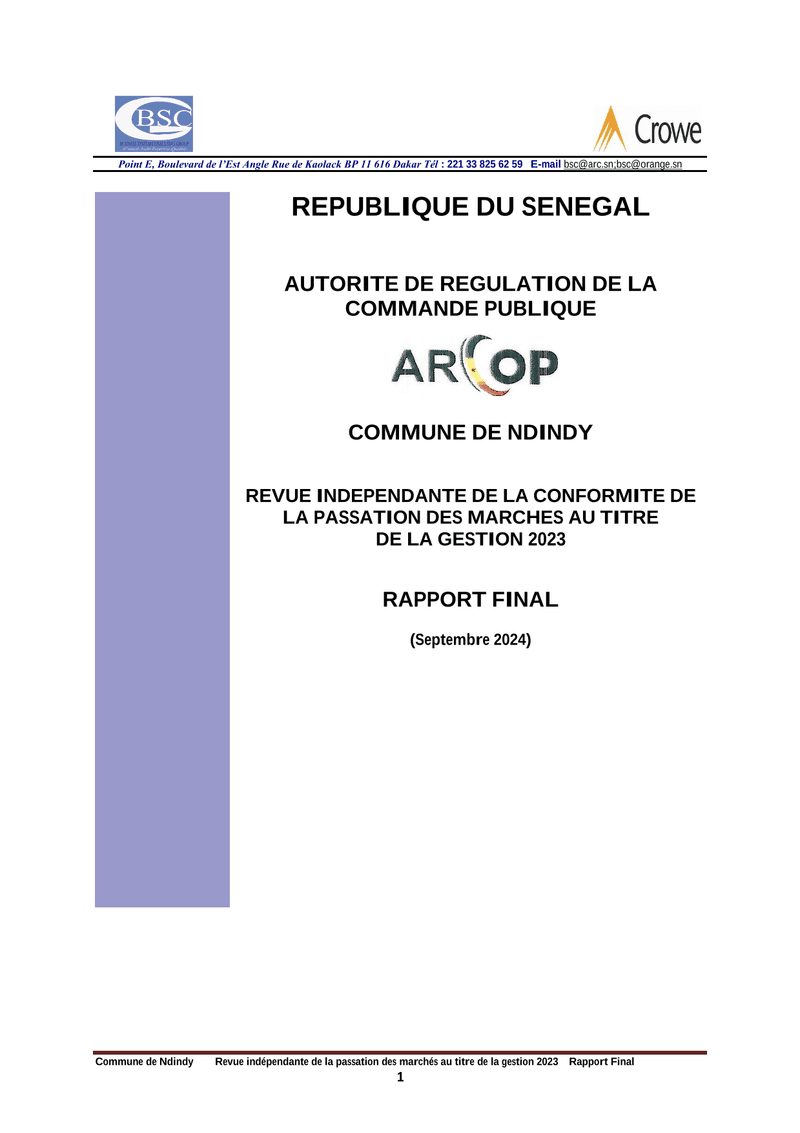 Rapport final de septembre 2024 sur l’audit de conformité de la passation des marchés de la Commune de Ndindy, gestion 2023 – ARCOP