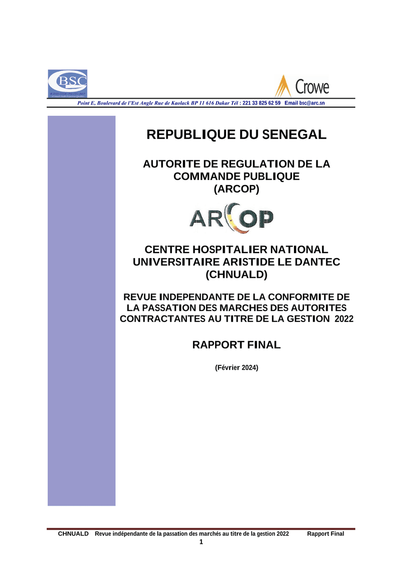 Revue indépendante de la passation des marchés du CHNUALD, gestion 2022 – ARCOP