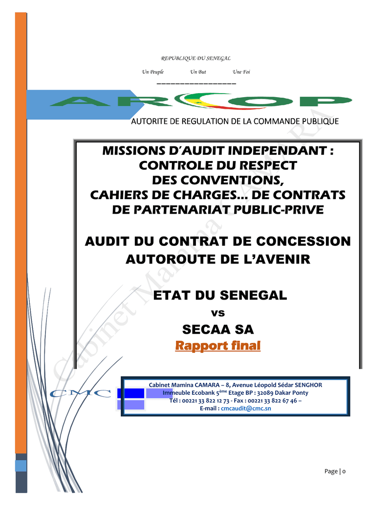 Rapport final d’audit indépendant sur le contrat de concession de l’Autoroute de l’Avenir au Sénégal, exécution 2020-2023 – ARCOP