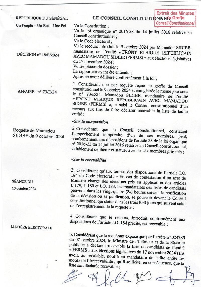Décision n° 18/E/2024 du 10 octobre 2024 rejetant la requête de Mamadou SIDIBE sur la liste FERMS aux élections législatives du 17 novembre 2024 – Conseil constitutionnel du Sénégal