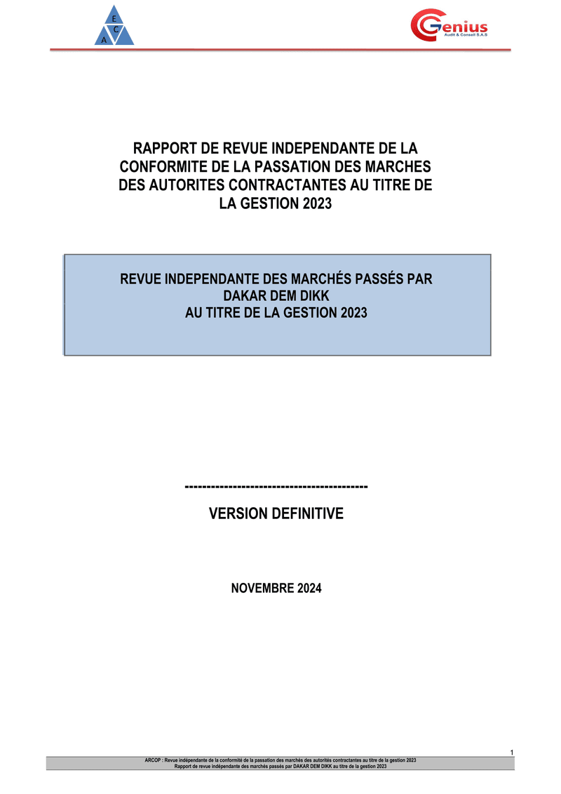 Revue indépendante des marchés passés par Dakar Dem Dikk – gestion 2023 – ARCOP