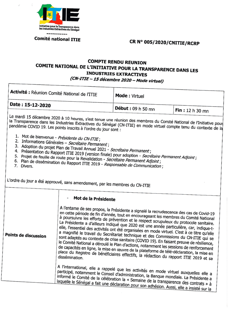 Compte rendu de la réunion n°5 du 15 décembre 2020 sur l’adoption du Rapport ITIE 2019 et du PTA 2021 – Comité national de l’Initiative pour la transparence dans les industries extractives (ITIE) du Sénégal