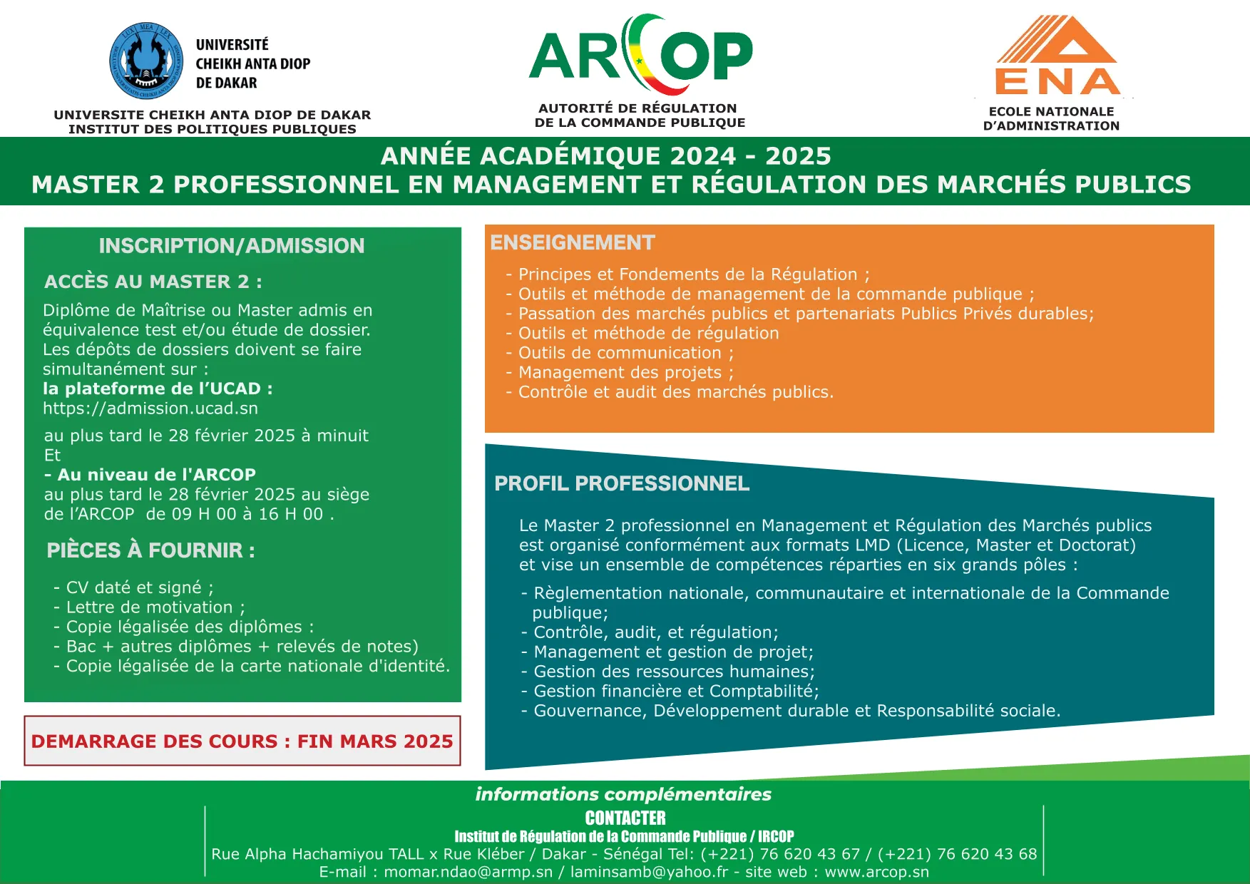 Appel à candidatures au Master 2 professionnel en management et régulation des marchés publics pour l’année académique 2024-2025 – Université Cheikh Anta Diop de Dakar, ARCOP et ENA