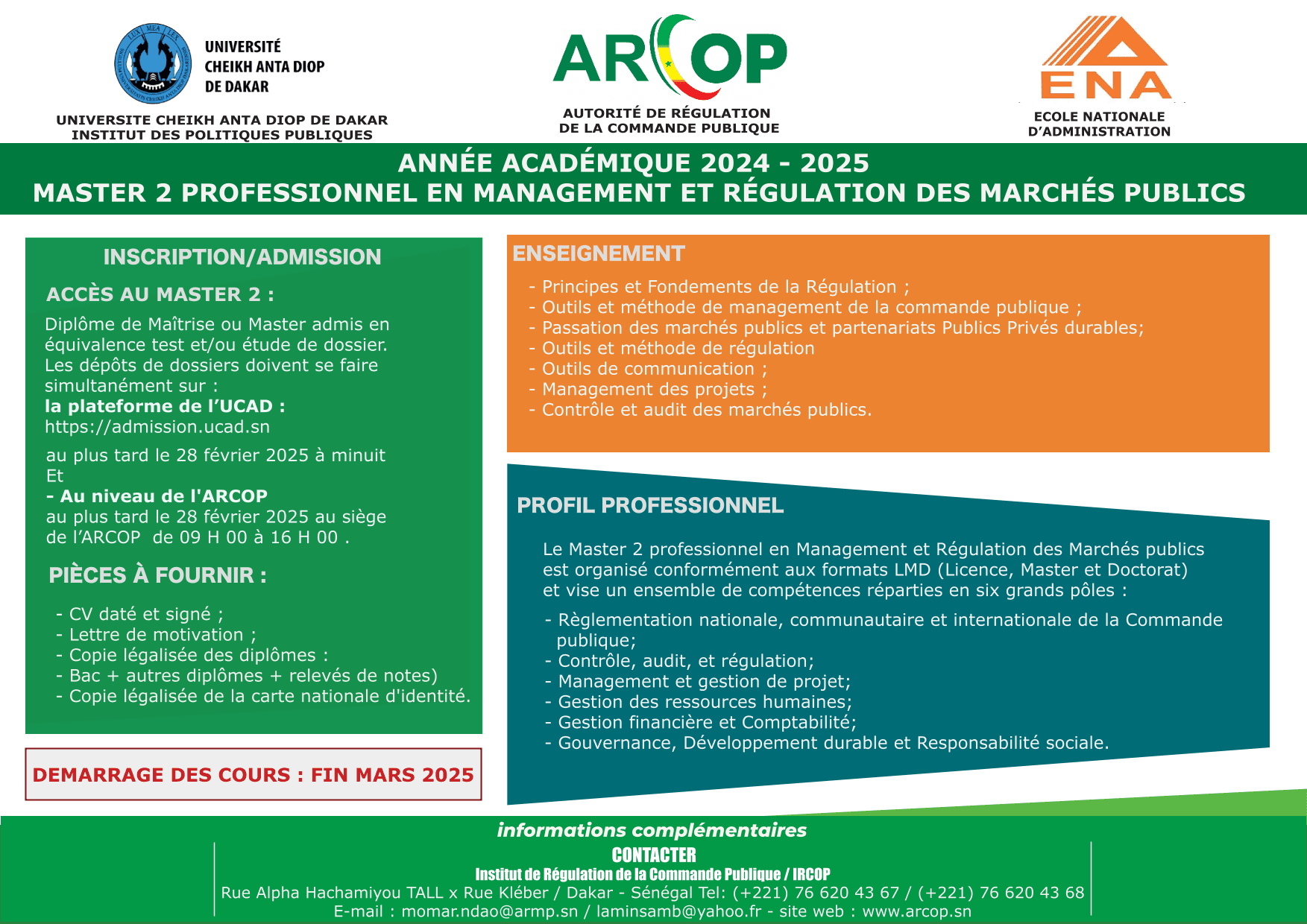 Appel à candidatures au Master 2 professionnel en management et régulation des marchés publics pour l’année académique 2024-2025 – Université Cheikh Anta Diop de Dakar, ARCOP et ENA