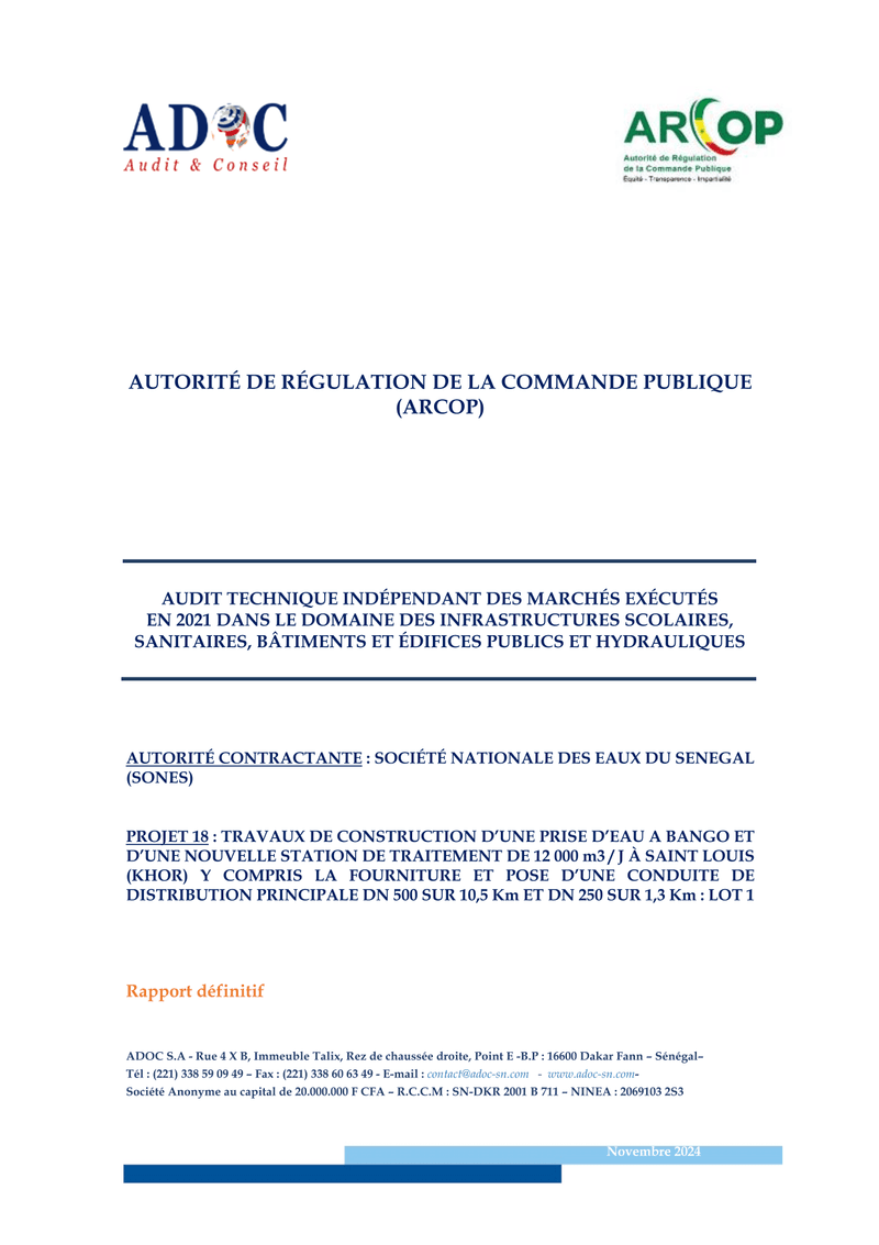 Audit technique du projet de prise d’eau de Bango et station de Khor à Saint-Louis, lot 1 – ARCOP