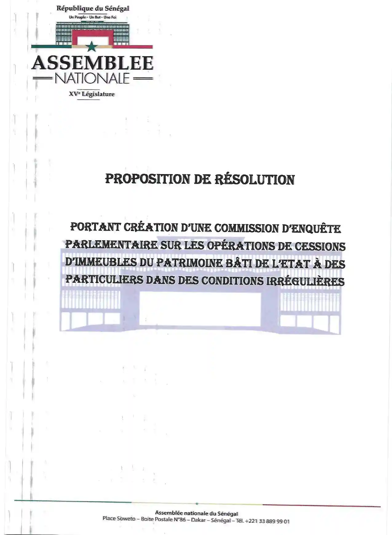 Proposition de résolution – commission d'enquête parlementaire sur les cessions irrégulières d'immeubles du patrimoine bâti de l'État au Sénégal