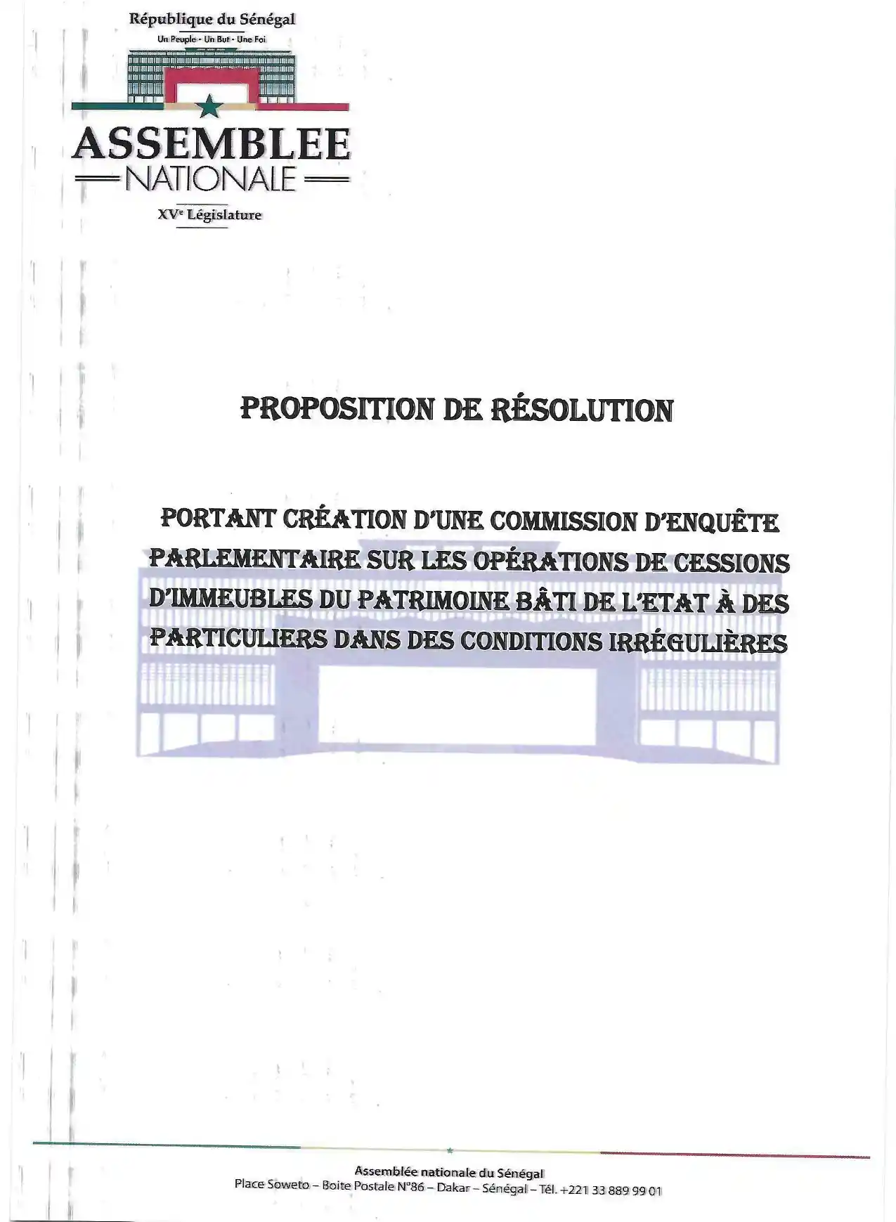 Proposition de résolution – commission d'enquête parlementaire sur les cessions irrégulières d'immeubles du patrimoine bâti de l'État au Sénégal