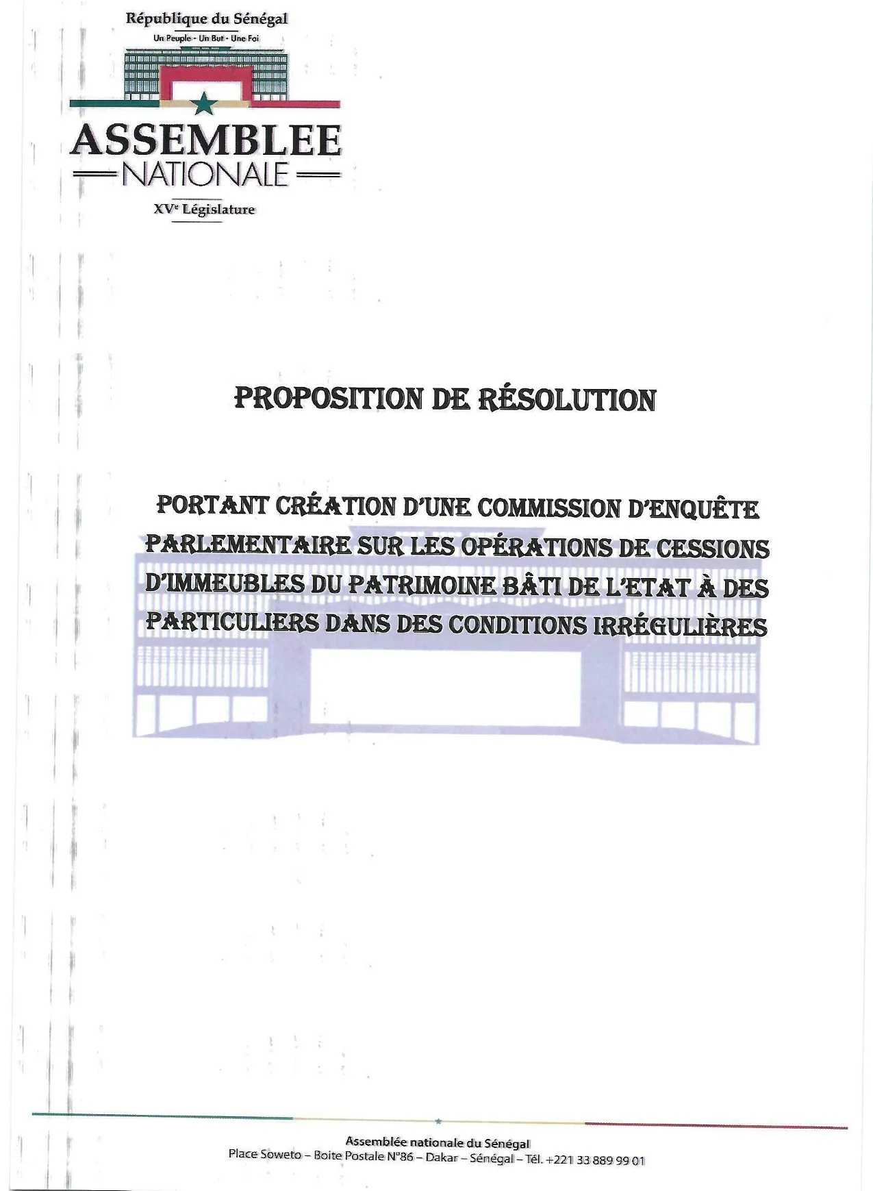 Proposition de résolution – commission d'enquête parlementaire sur les cessions irrégulières d'immeubles du patrimoine bâti de l'État au Sénégal