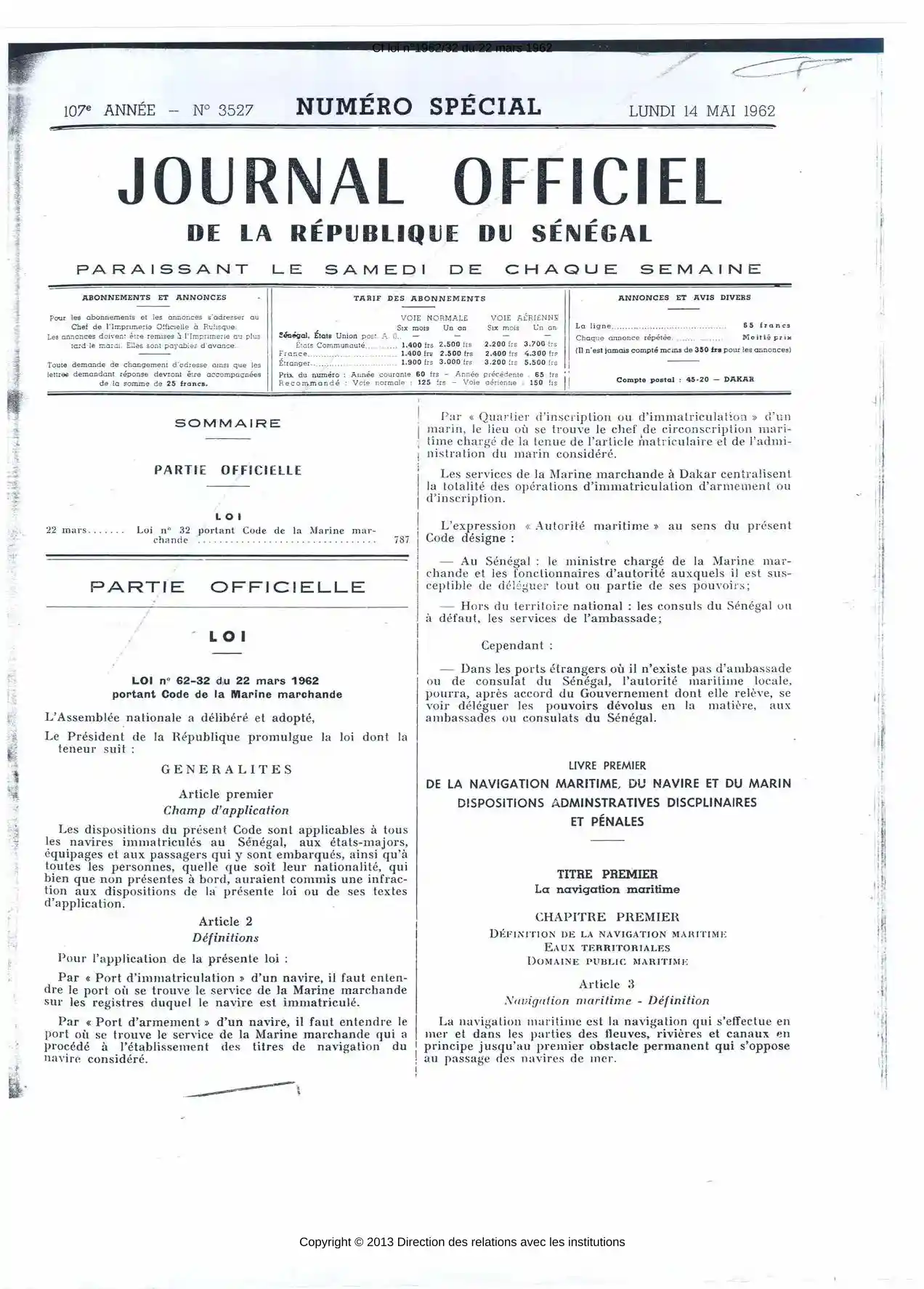 LOI n° 62-32 du 22 mars 1962 portant Code de la Marine marchande