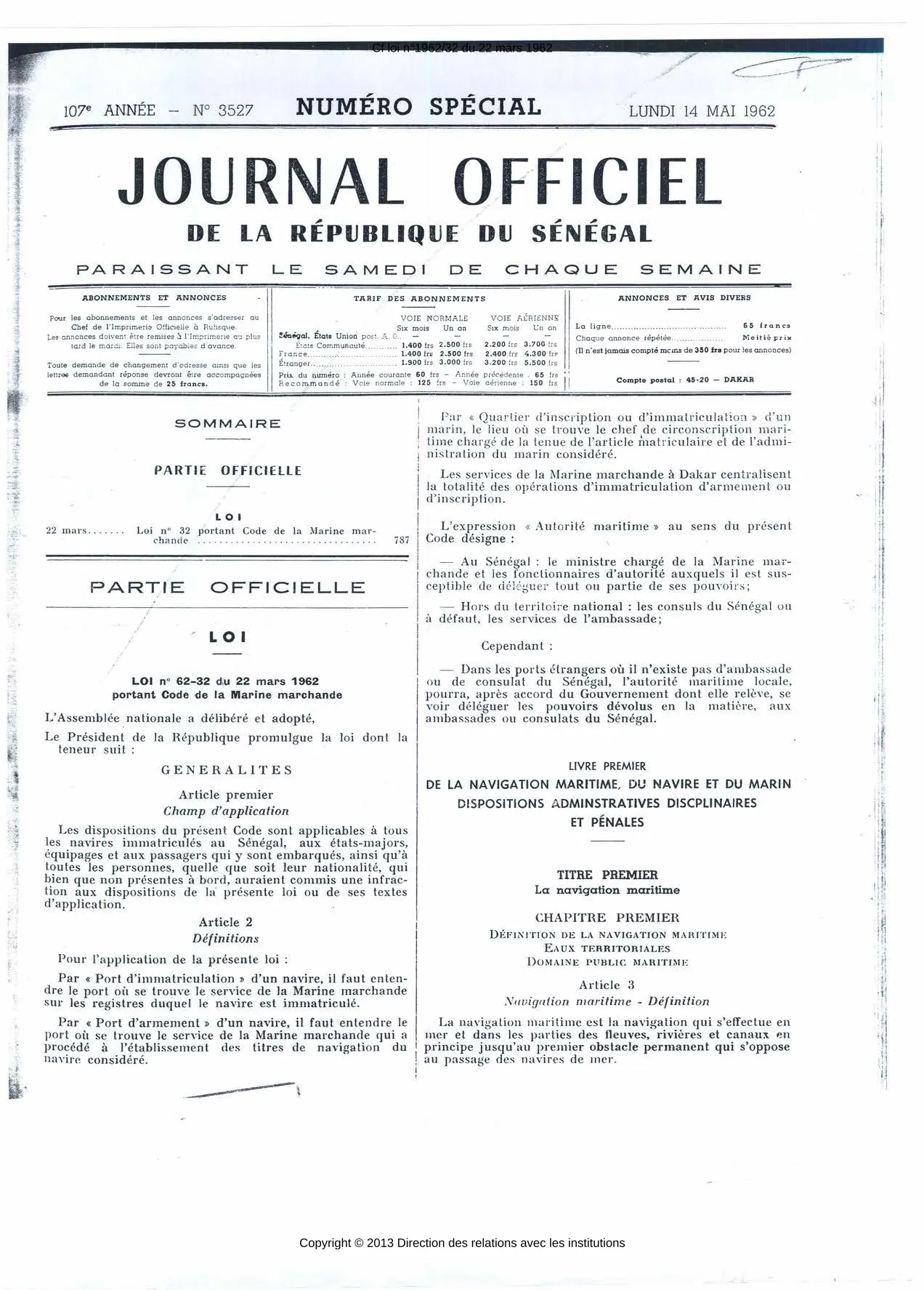 LOI n° 62-32 du 22 mars 1962 portant Code de la Marine marchande
