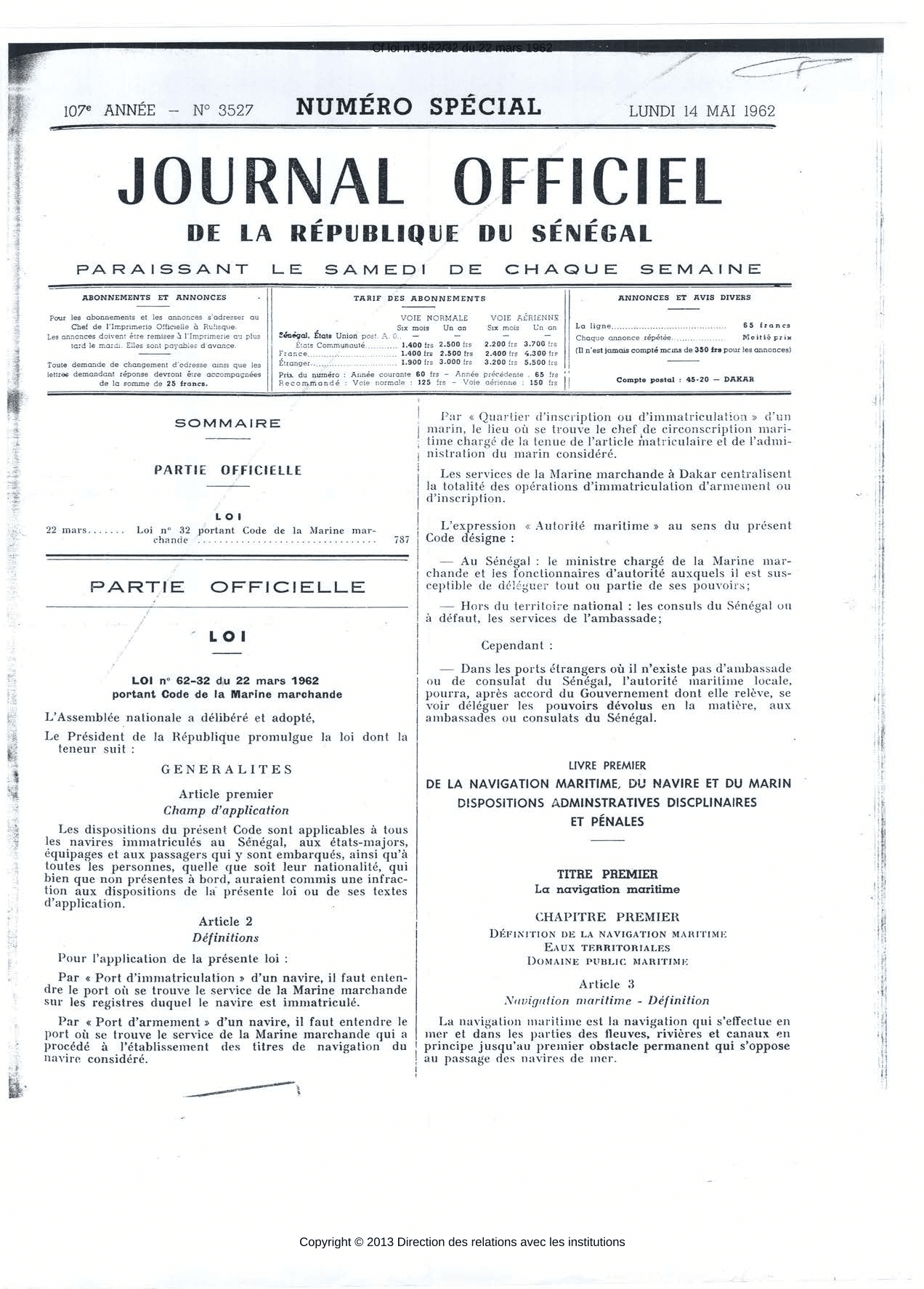 LOI n° 62-32 du 22 mars 1962 portant Code de la Marine marchande