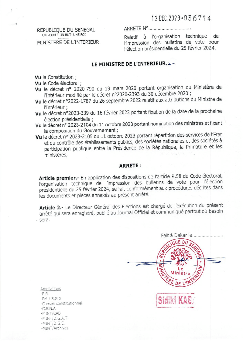 Arrêté relatif à l’organisation technique de l’impression des bulletins de vote pour l’élection présidentielle du 25 février 2024 – Ministère de l’Intérieur du Sénégal