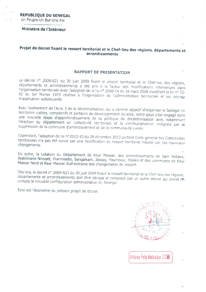 Décret n° 2021-689 fixant le ressort territorial et le chef-lieu des régions, départements et arrondissements du Sénégal – Présidence de la République