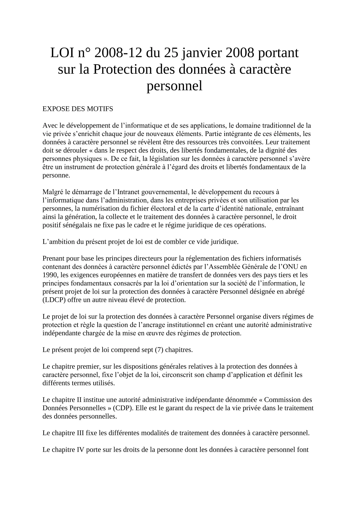 Loi sur la Protection des données à caractère personnel