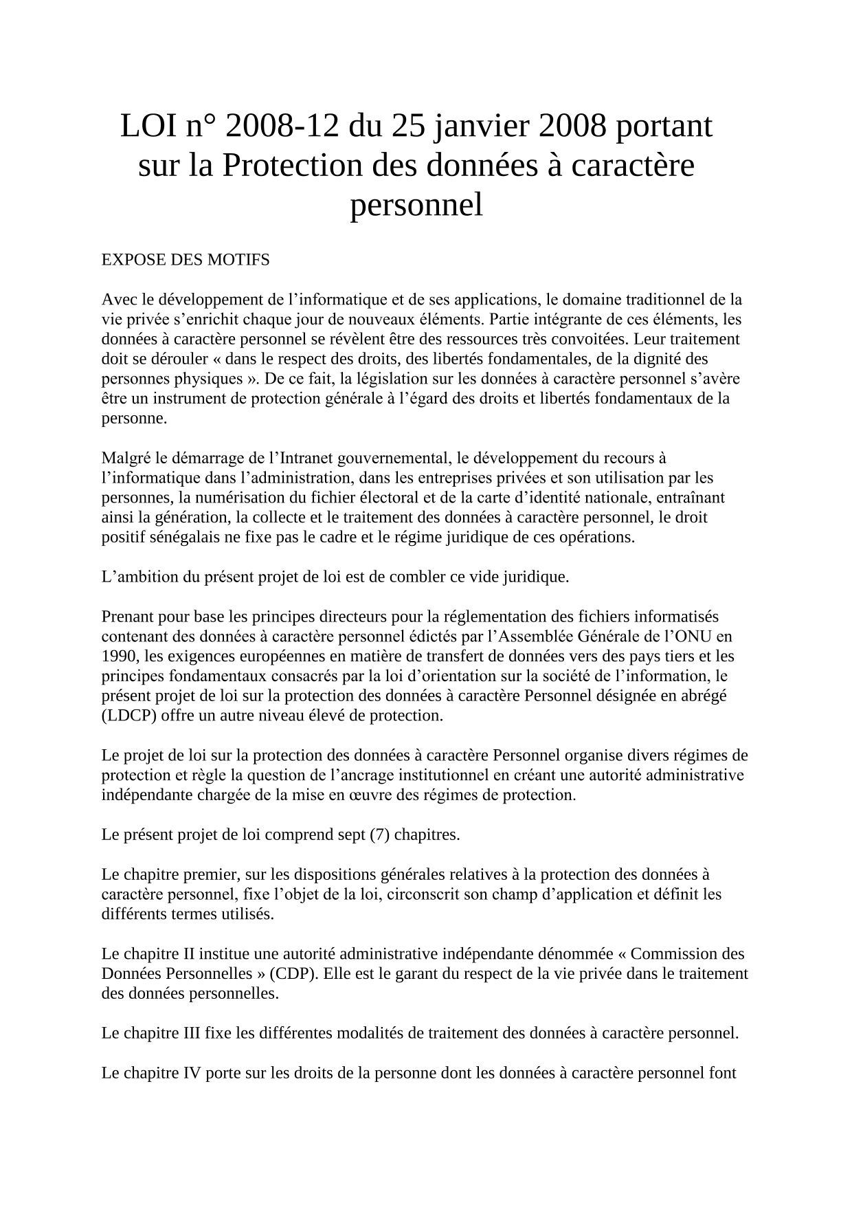 Loi sur la Protection des données à caractère personnel