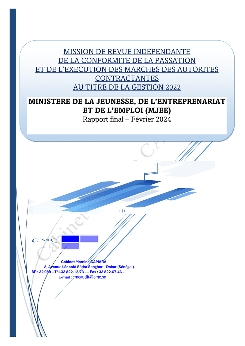 Rapport d’audit sur la conformité de la passation et de l’exécution des marchés du Ministère de la Jeunesse, de l’Entreprenariat et de l’Emploi, gestion 2022 – Cabinet Mamina CAMARA - ARCOP