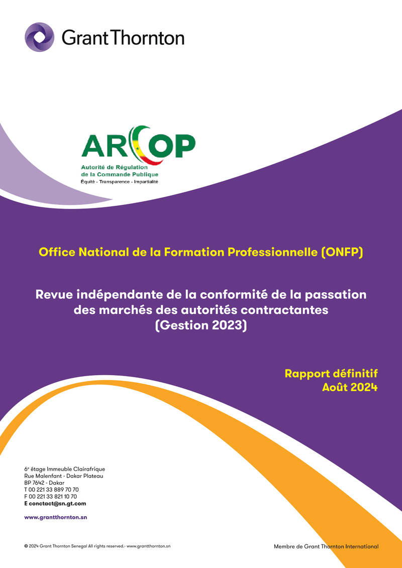 Rapport d’audit d’août 2024 sur la conformité des marchés publics 2023 de l’Office National de Formation Professionnelle (ONFP) – ARCOP