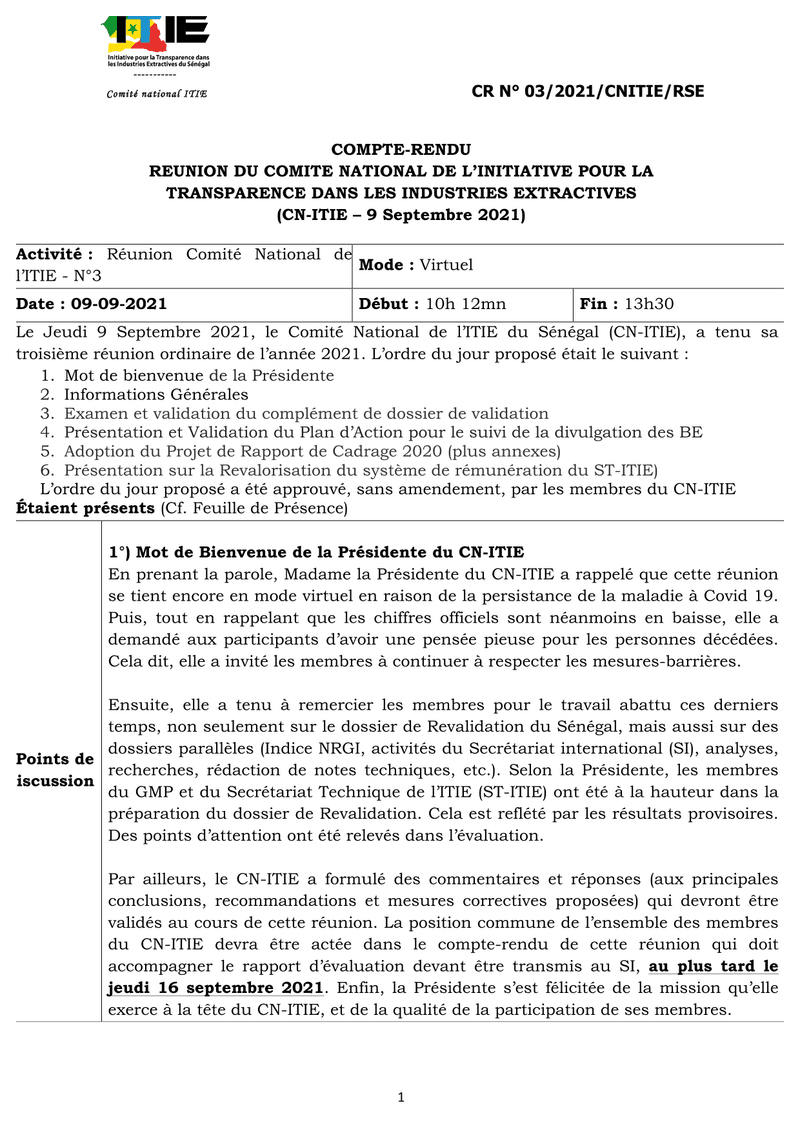 Compte rendu de la réunion n°3 du 9 septembre 2021 sur la revalidation et le cadrage du Rapport ITIE 2020 au Sénégal – Initiative pour la transparence dans les industries extractives (ITIE)