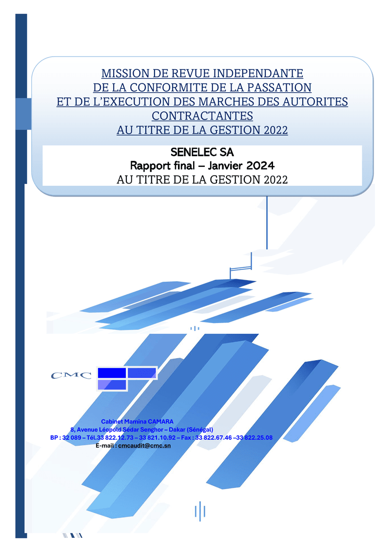 Rapport d’audit sur la conformité de la passation et de l’exécution des marchés de Senelec SA au titre de la gestion 2022 – Cabinet Mornin, Damara - ARCOP