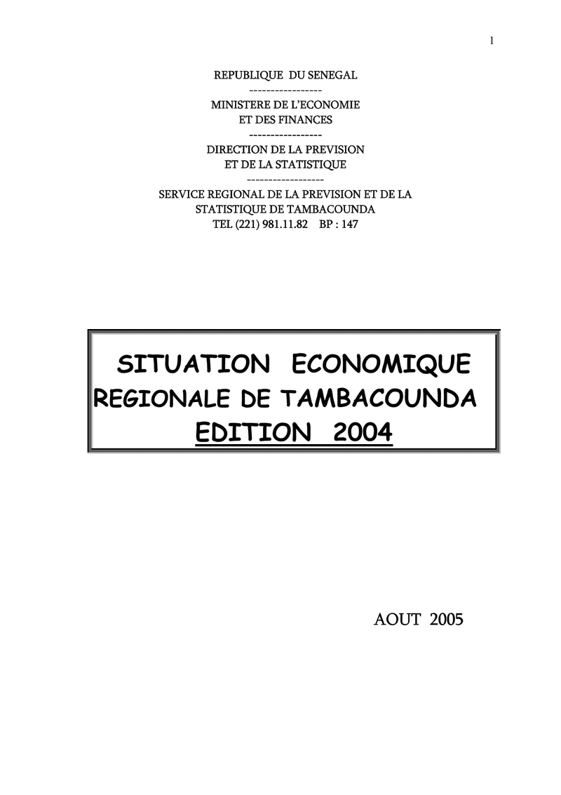 Situation économique régionale de Tambacounda 2004 – Direction de la Prévision et de la Statistique