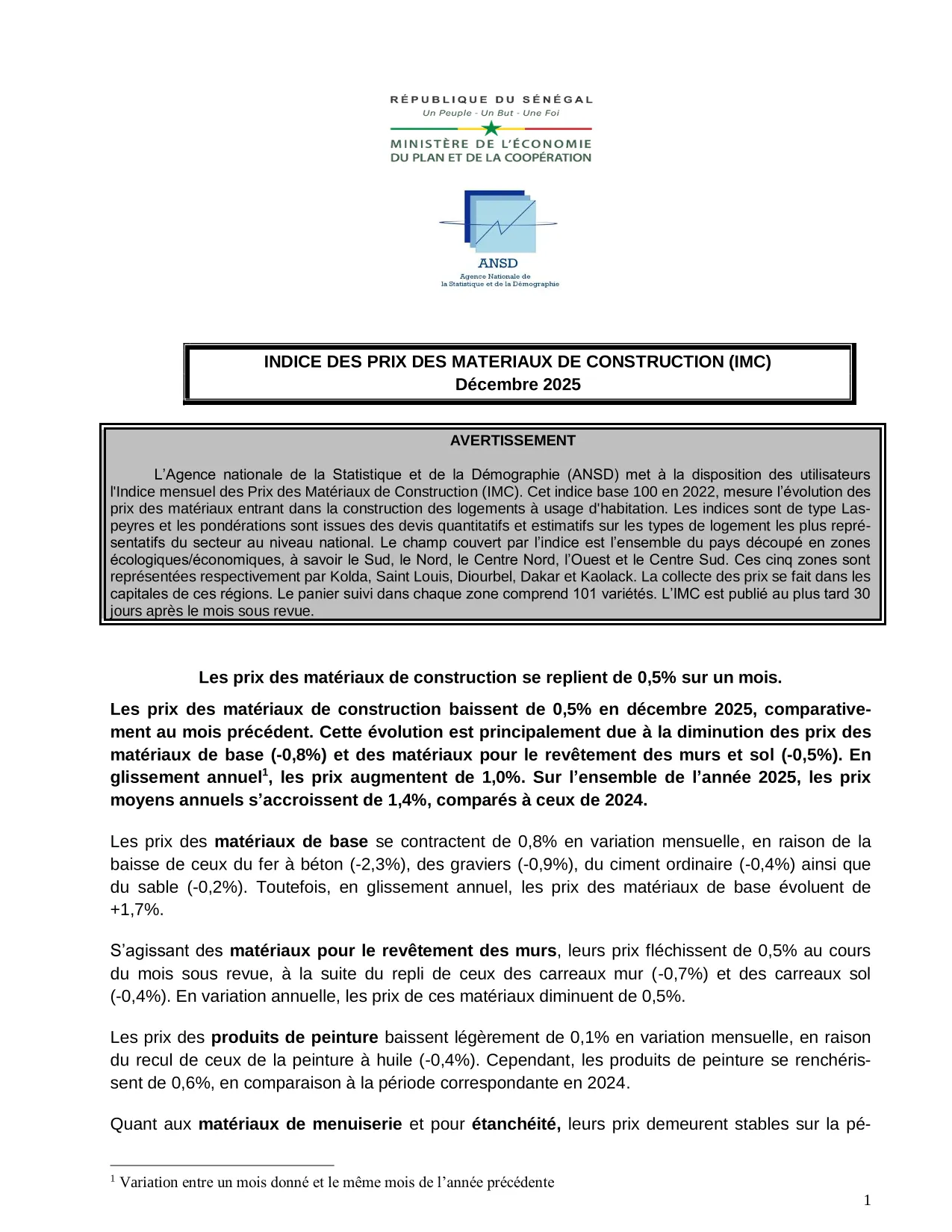 Indice des prix des matériaux de construction (IMC), décembre 2025 – ANSD