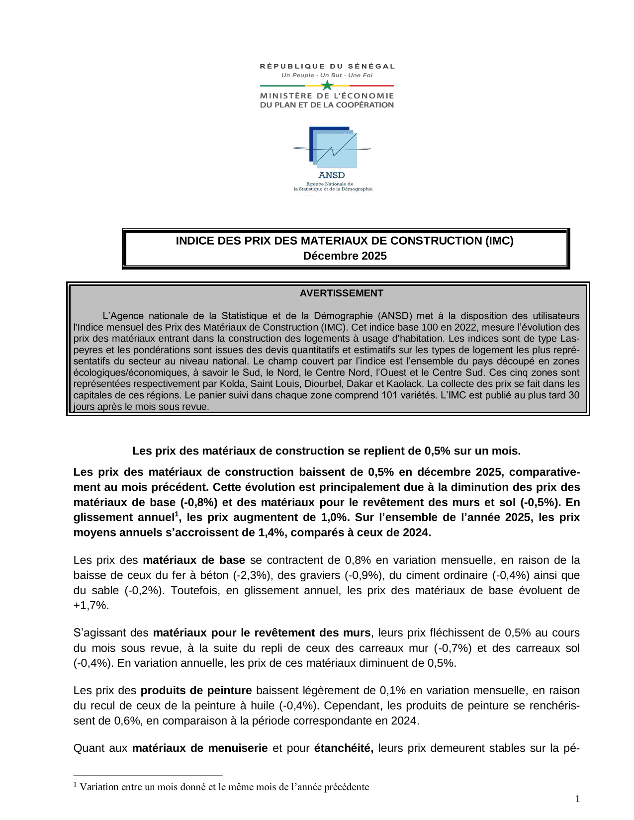 Indice des prix des matériaux de construction (IMC), décembre 2025 – ANSD