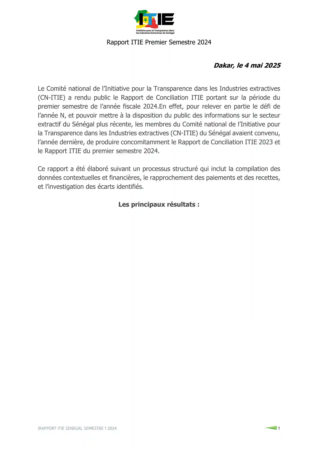 ITIE chiffres clés Rapport 1er semestre 2024