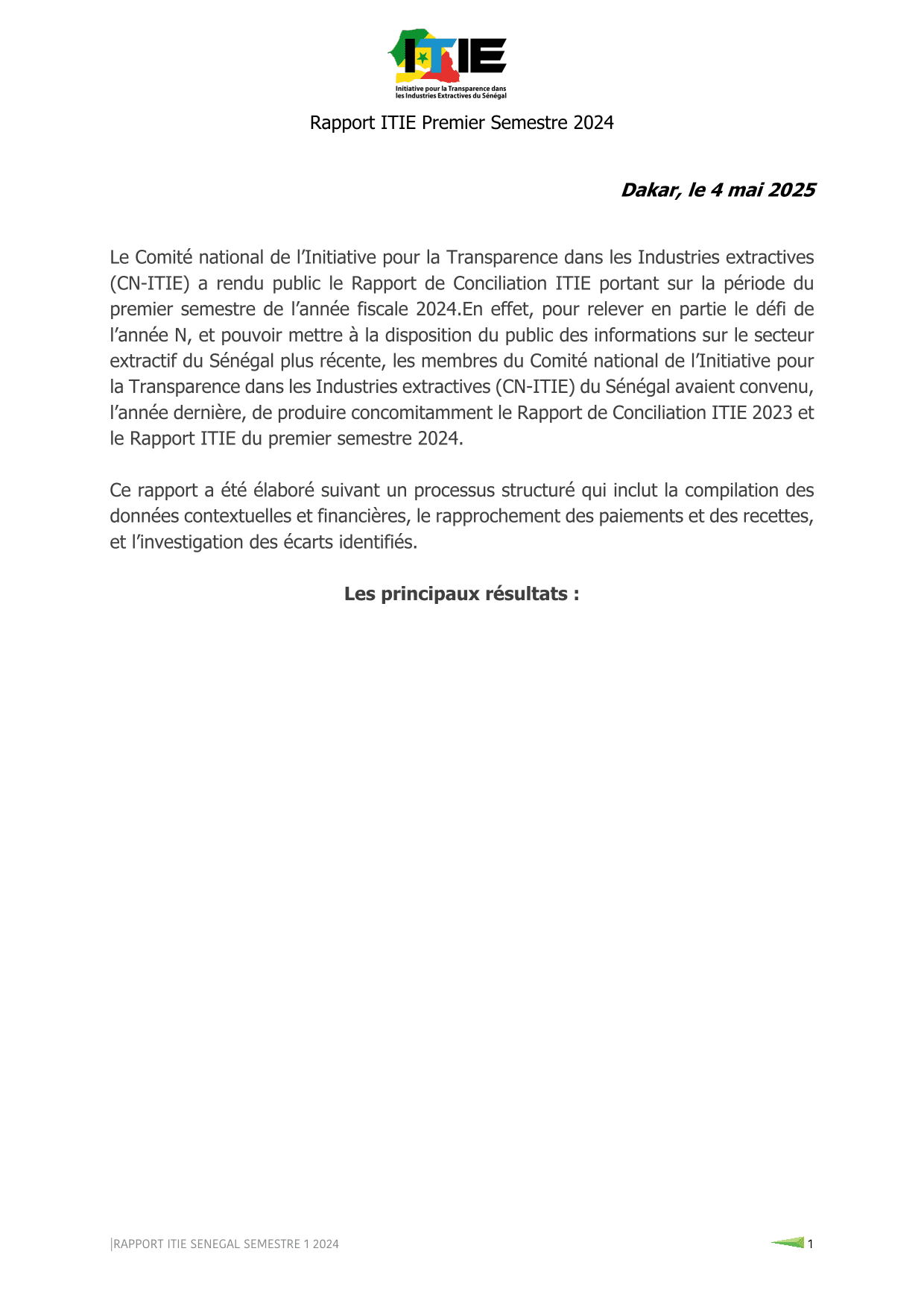 ITIE chiffres clés Rapport 1er semestre 2024
