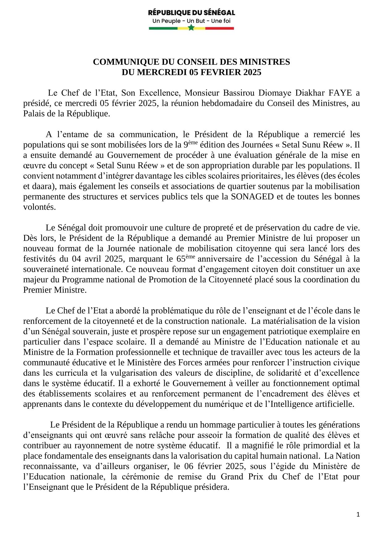 Conseil des ministres du 05 février 2025