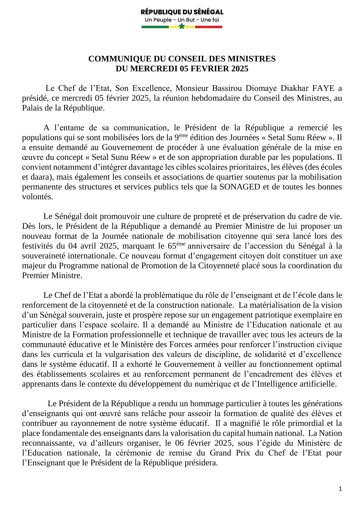 Conseil des ministres du 05 février 2025