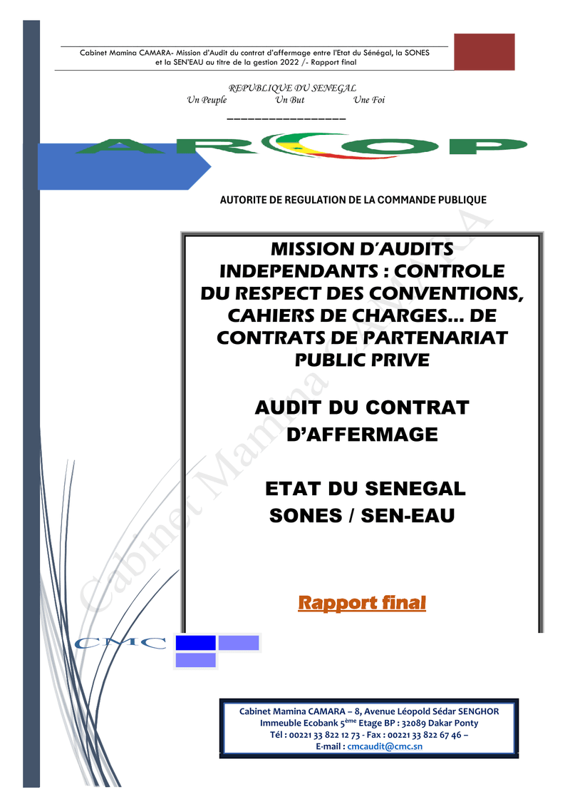 Rapport d’audit de l’exécution du contrat d’affermage de l’eau potable entre l’État du Sénégal, la SONES et SEN’EAU, gestion 2022 – ARCOP