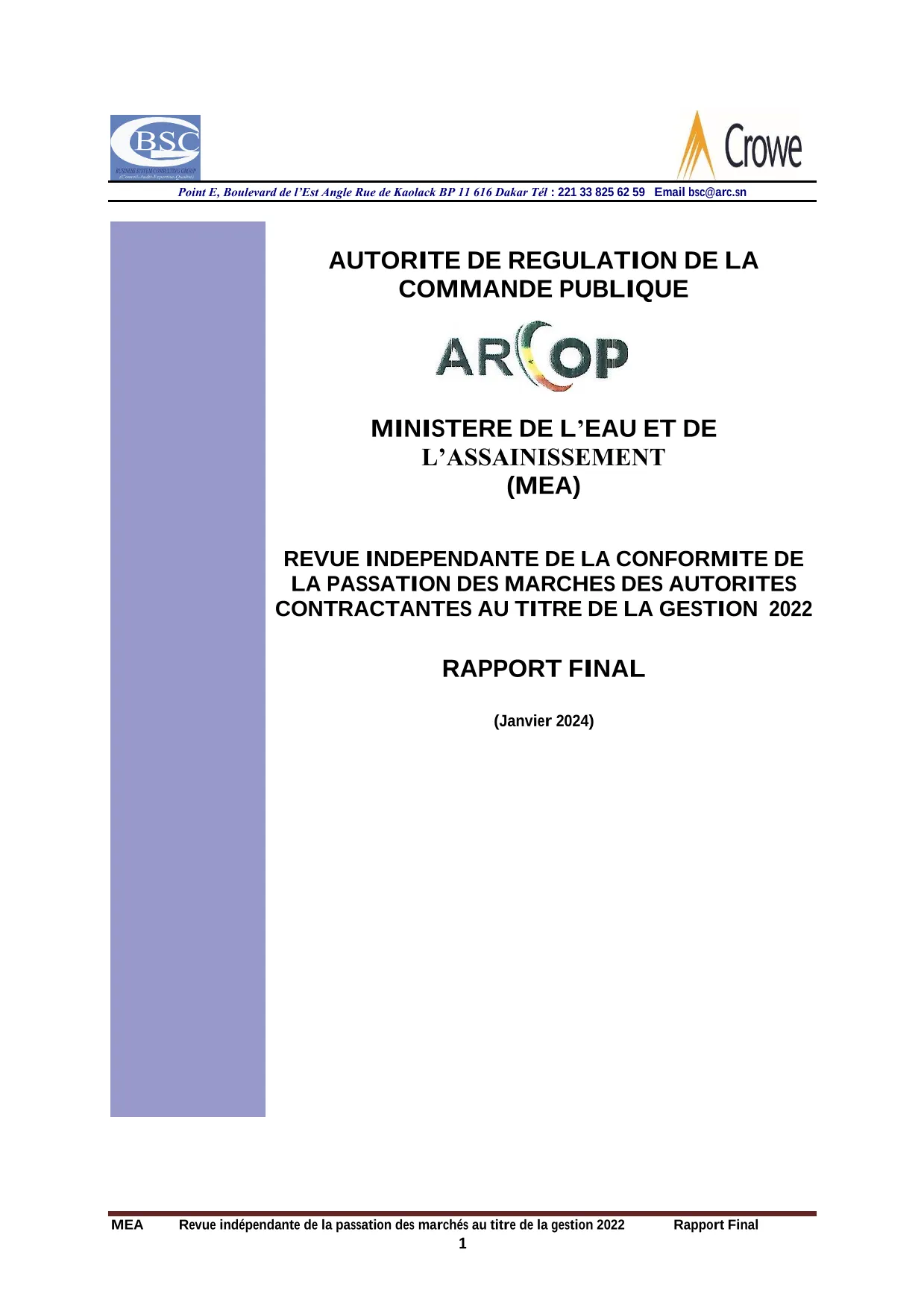 Rapport final d’audit de conformité de la passation des marchés publics du Ministère de l’Eau et de l’Assainissement, gestion 2022 – ARCOP