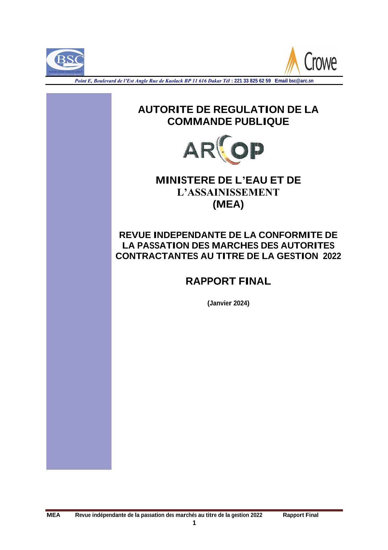 Rapport final d’audit de conformité de la passation des marchés publics du Ministère de l’Eau et de l’Assainissement, gestion 2022 – ARCOP