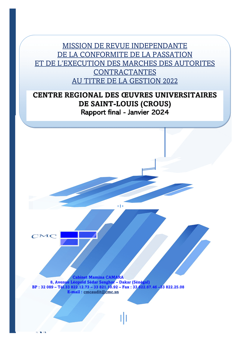 Rapport d’audit sur la conformité de la passation et de l’exécution des marchés, gestion 2022 – CROUS de Saint-Louis - ARCOP