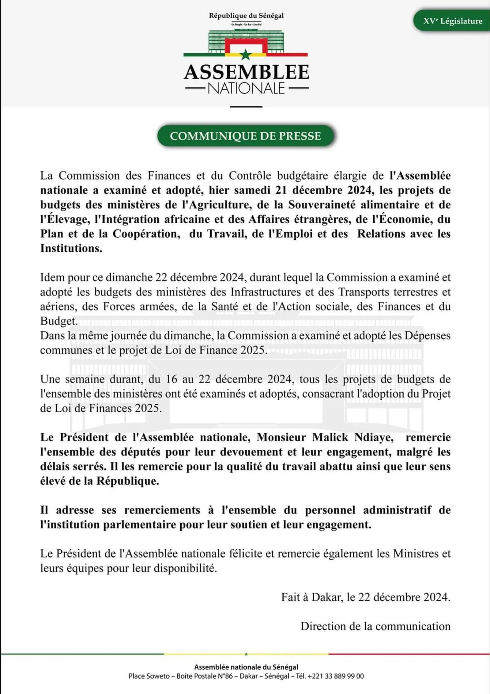 Communiqué: l'assemblée a adopté le Projet de Loi de Finances 2025