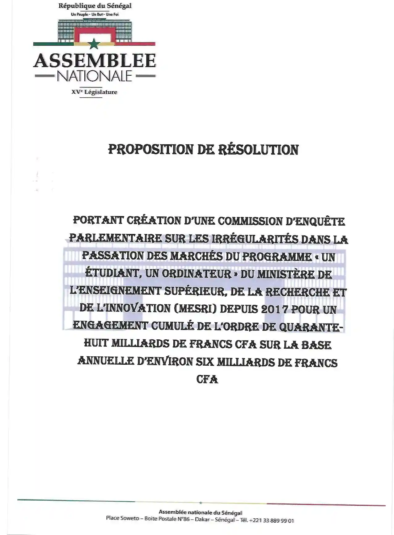 Proposition de résolution – commission d'enquête parlementaire sur les irrégularités dans la passation des marchés du programme « Un étudiant, un ordinateur » (MESRI) – Sénégal (2017-2025)